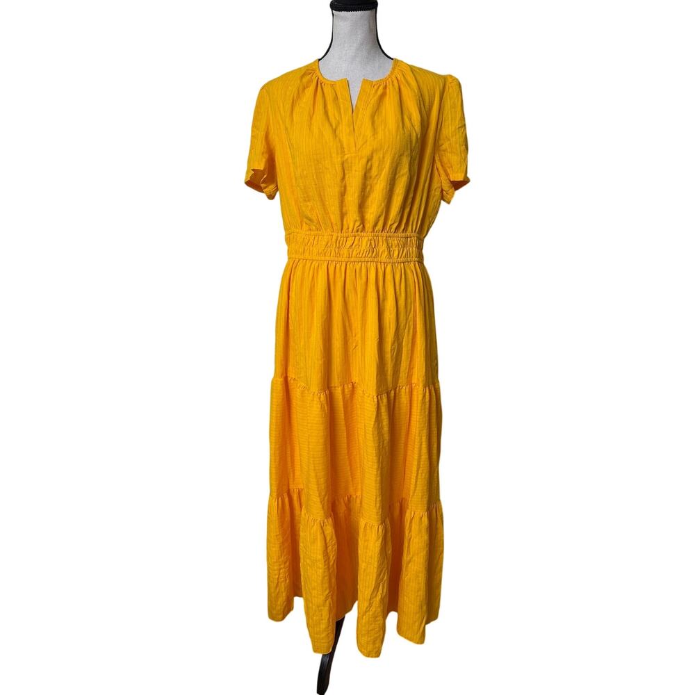 Rainday Women’s Yellow Tiered Maxi Dress Size M Smocked Waist Short Sleeve NWT